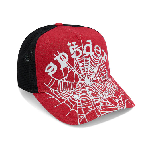 Sp5der Red Denim OG Web V2 Trucker Hat Front