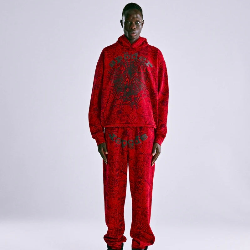 Sp5der Red OG Tree Camo Hoodie On Body 12