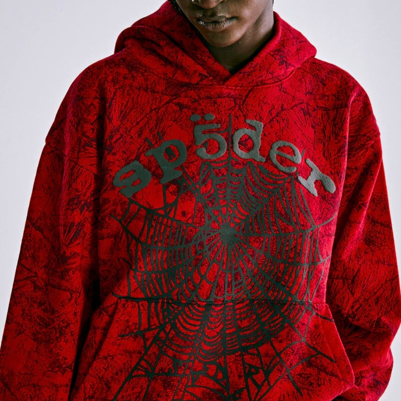 Sp5der Red OG Tree Camo Hoodie On Body 2