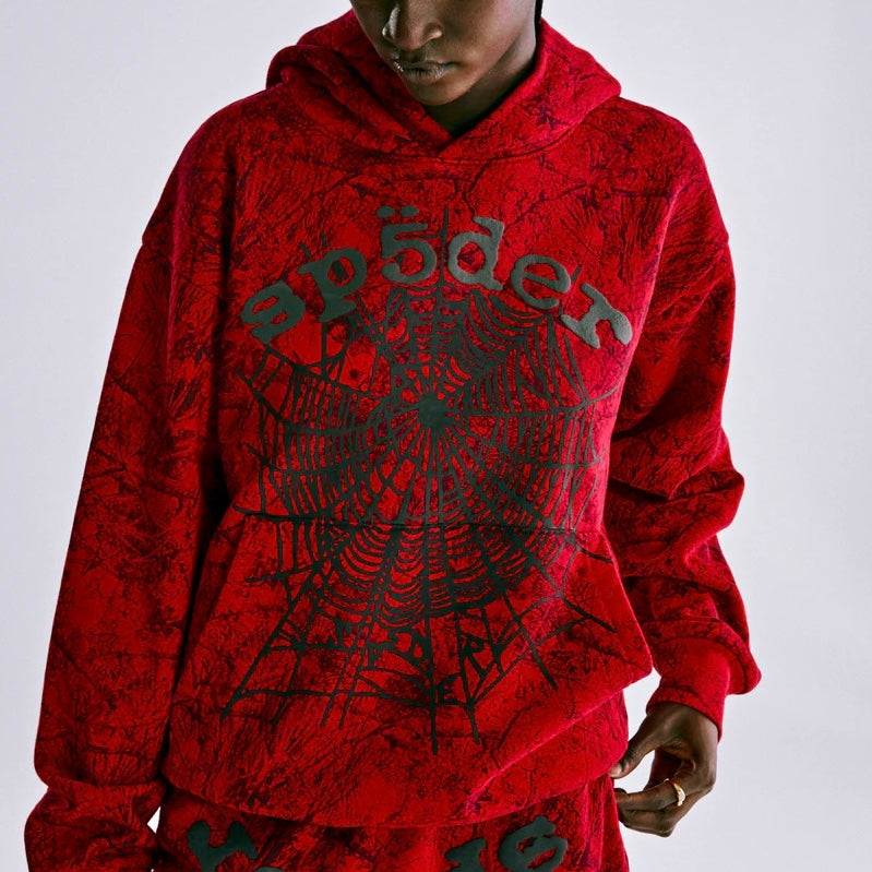 Sp5der Red OG Tree Camo Hoodie On Body 1