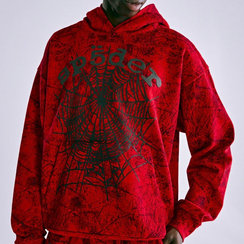 Sp5der Red OG Tree Camo Hoodie On Body 7