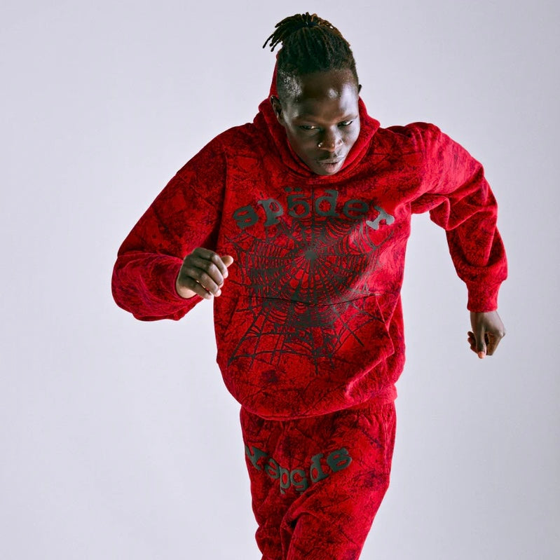 Sp5der Red OG Tree Camo Hoodie On Body 6