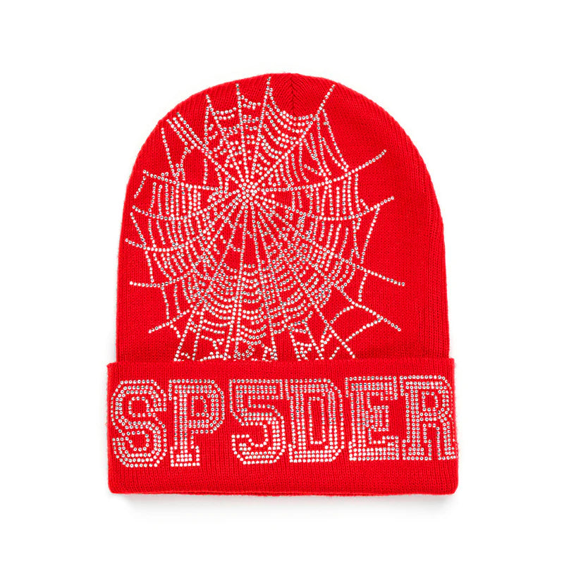 Sp5der Red Rhinestone Web Beanie Front