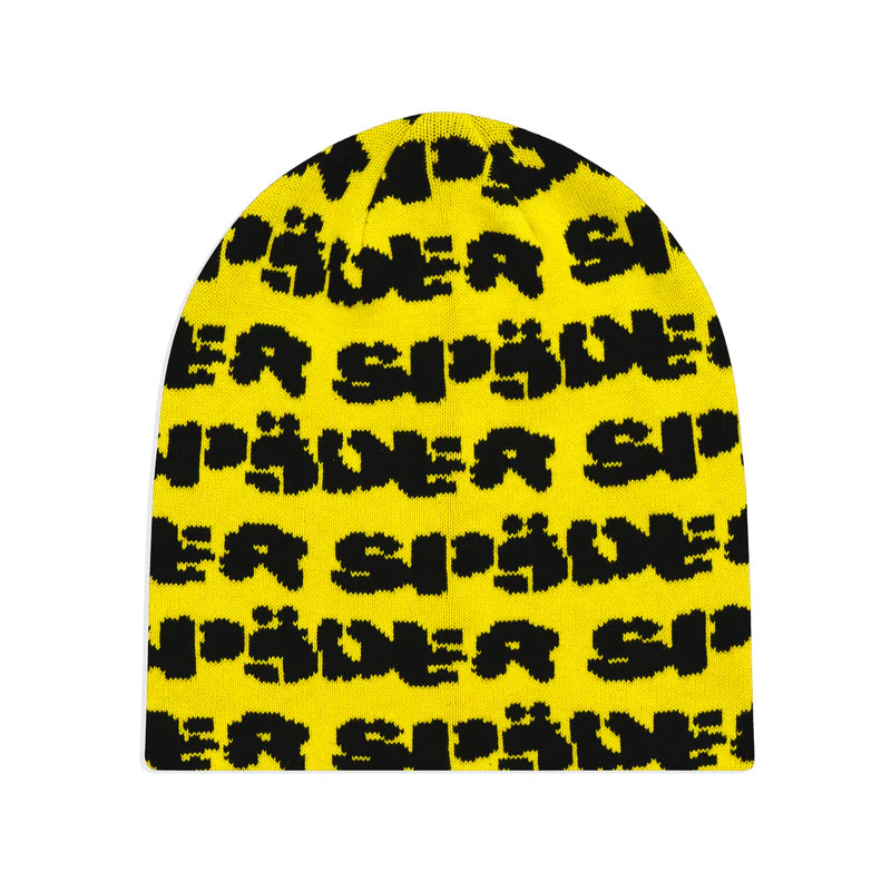 Sp5der Yellow Black Fuzzy Logo Skully Beanie Front