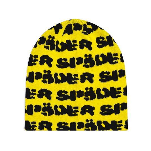 Sp5der Yellow Black Fuzzy Logo Skully Beanie Front