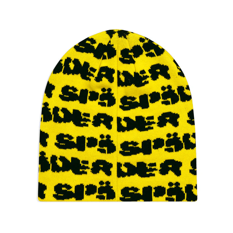 Sp5der Yellow Black Fuzzy Logo Skully Beanie Back