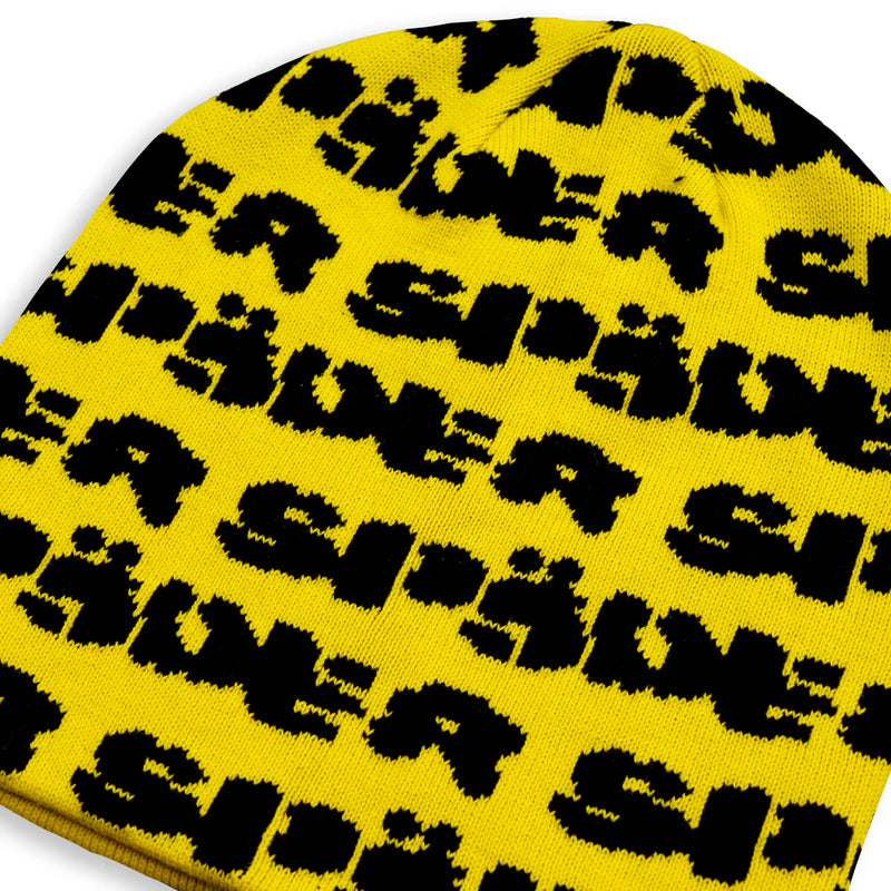 Sp5der Yellow Black Fuzzy Logo Skully Beanie Close