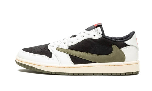Travis Scott Jordan 1 Low OG Olive, side view, white leather with black suede toe and eyestay, olive reversed swoosh, olive outsole