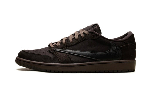 Travis Scott Jordan 1 Low OG Velvet Brown, side view of the dark brown suede low-top, glossy tonal reversed swoosh, tan laces