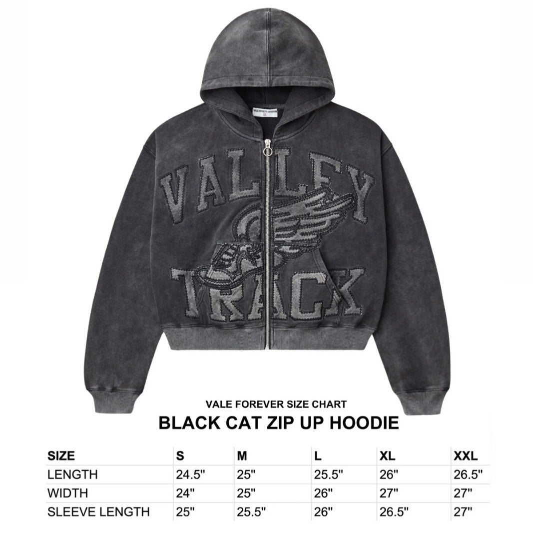 Vale Black Cat Zip Hoodie Size Chart