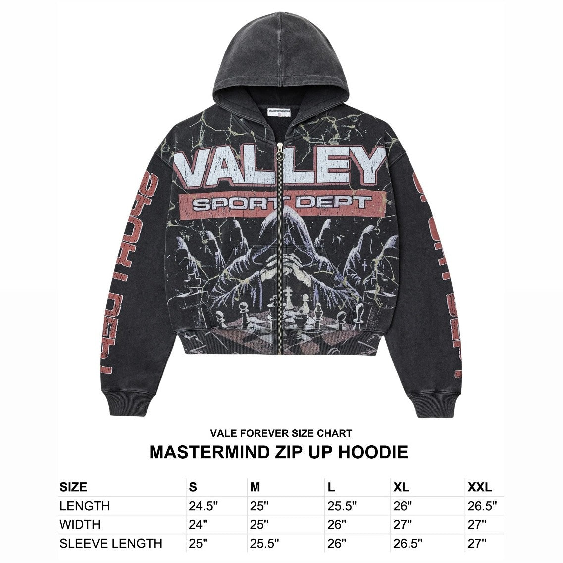 Vale Black Mastermind Zip Hoodie Size Chart