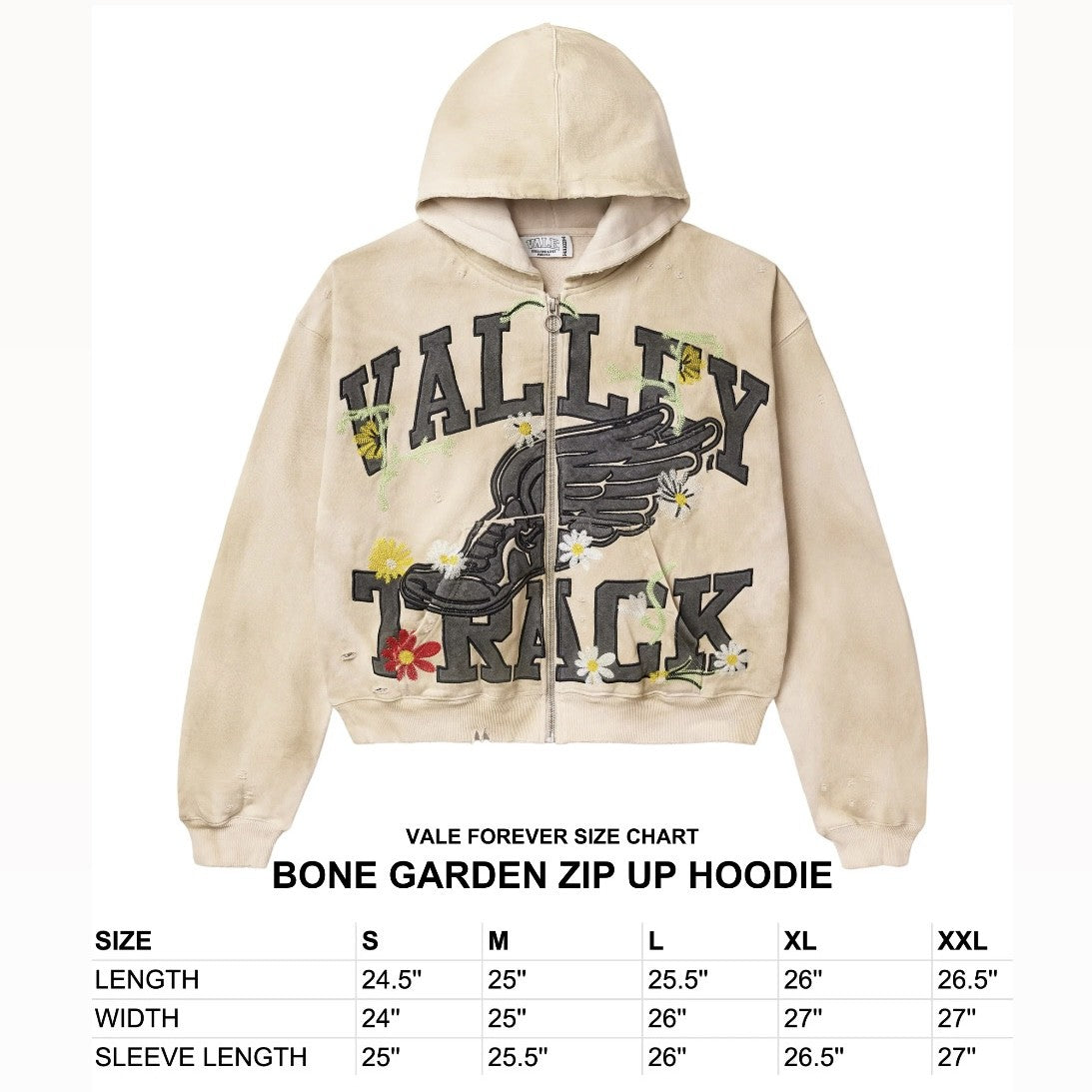 Vale Bone Garden Zip Hoodie Size Chart