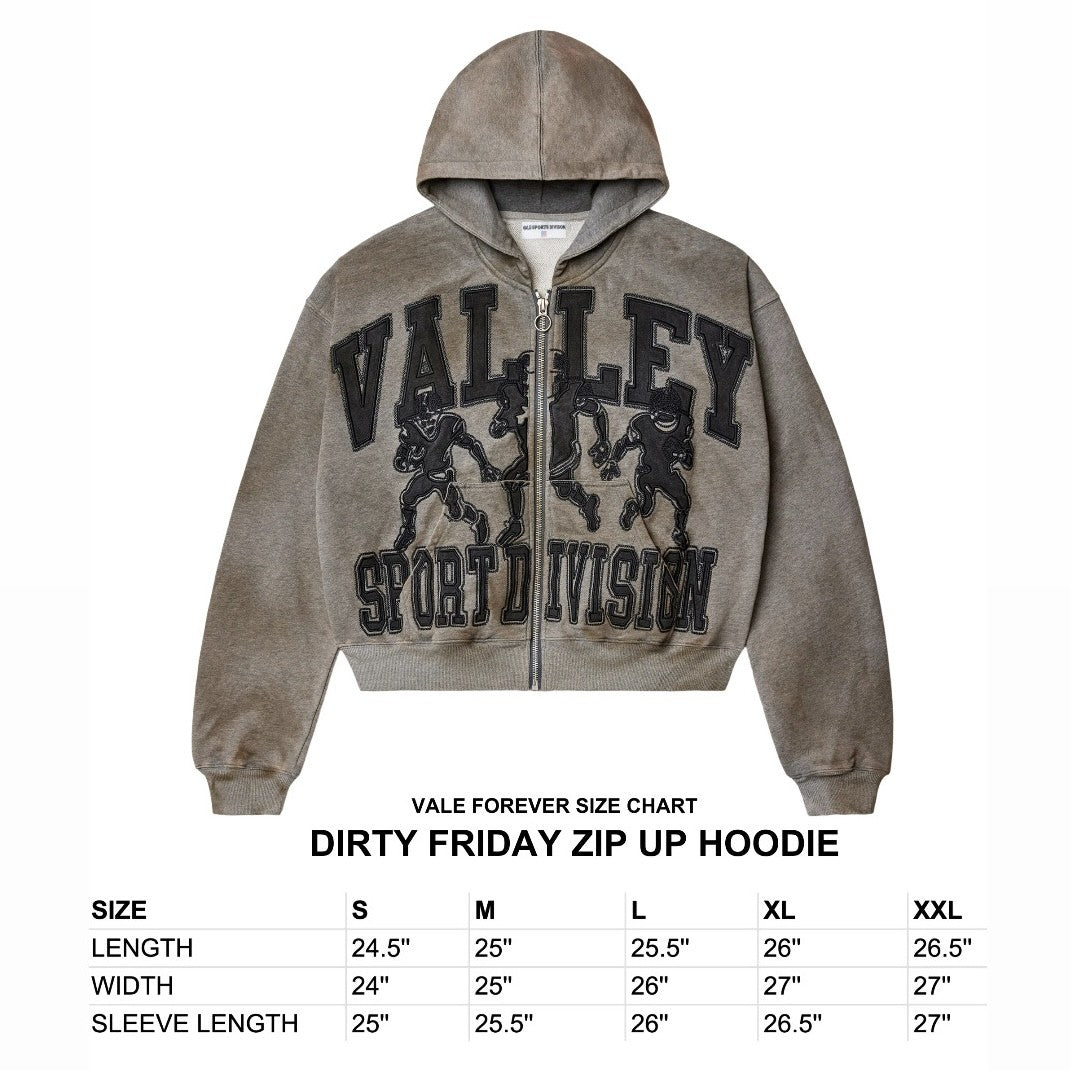 Vale Brown Friday Zip Hoodie Size Chart