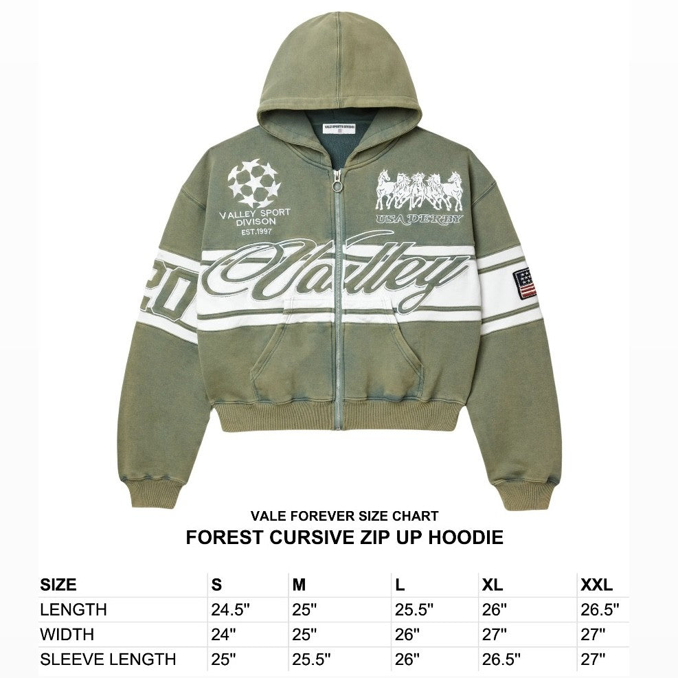 Vale Forest Green Cursive Zip Hoodie Size Chart