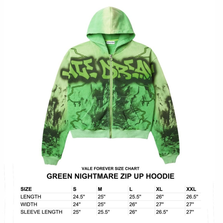 Vale Green Nightmare Zip Hoodie Size Chart