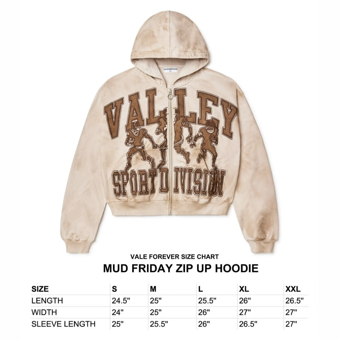 Vale Mocha Mud Zip Hoodie Size Chart