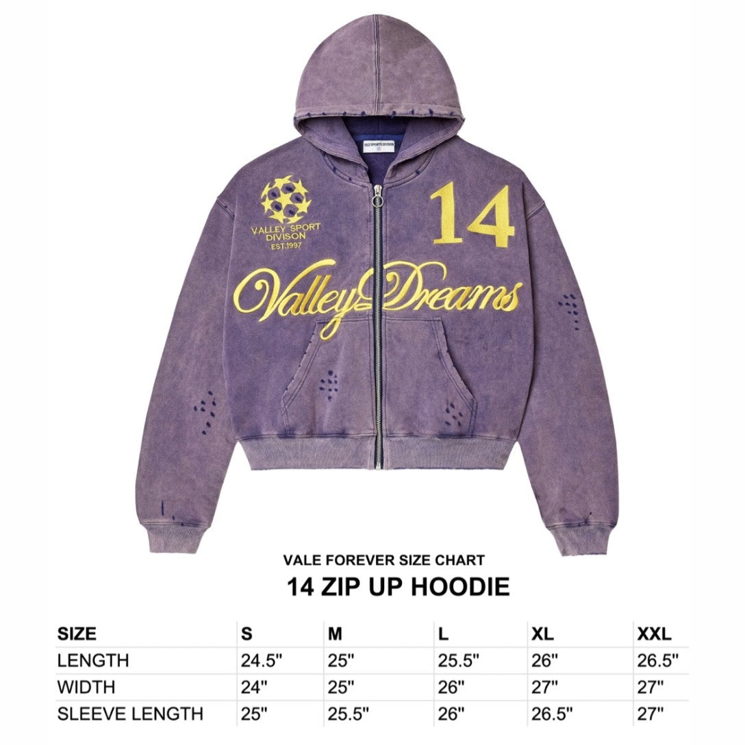 Vale Purple Gold 14 Zip Hoodie Size Chart