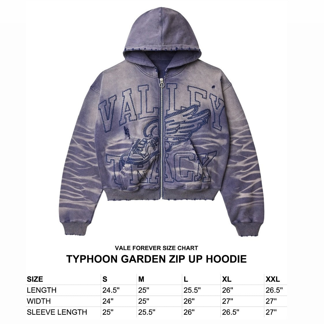 Vale Typhoon Garden Zip Hoodie Size Chart