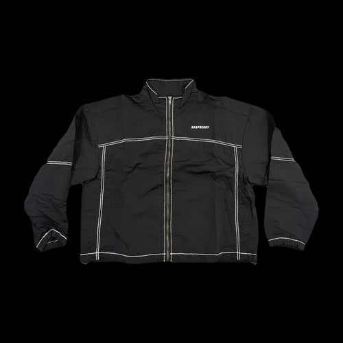 GV Gallery Bobbito Jacket, black full-zip track jacket with white contrast stitching, stand collar and white Raspberry chest logo