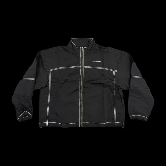 GV Gallery Bobbito Jacket, black full-zip track jacket with white contrast stitching, stand collar and white Raspberry chest logo