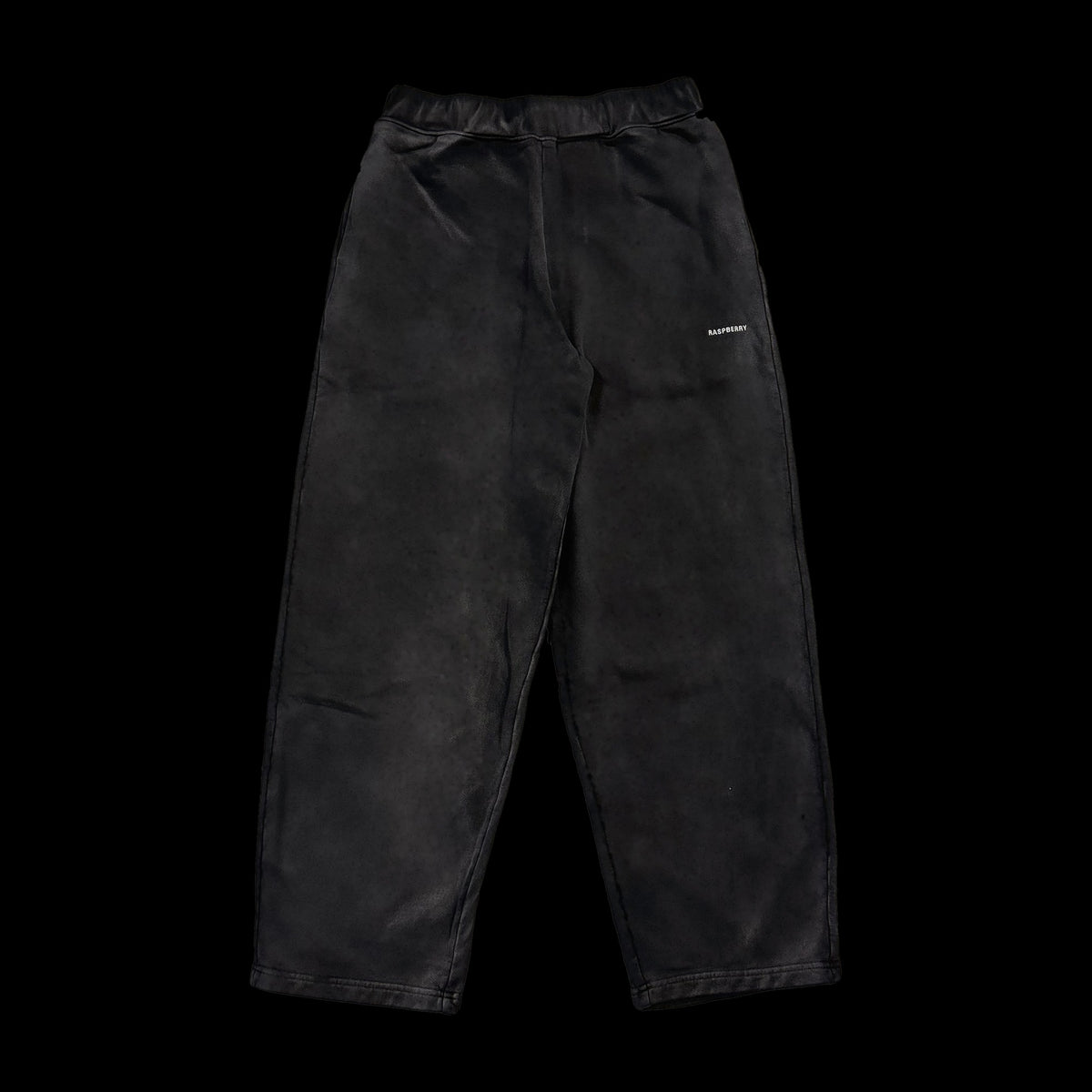 GV Gallery Walker Sweatpants, front of the faded black wide-leg sweatpants with a small white Raspberry thigh logo
