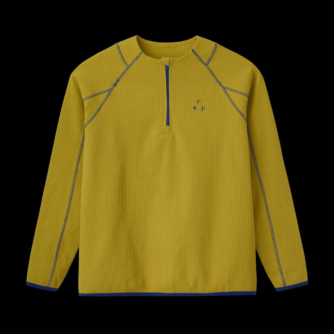 GV Gallery Training Quarter Zip front in mustard waffle knit with blue zip, blue trim and grey contrast stitching