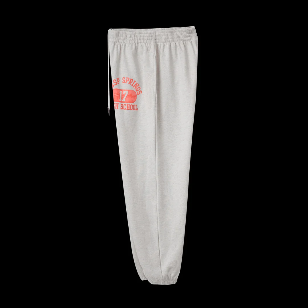 Side view of the GV Gallery Spring Sweatpants showing the orange graphic and drawstring
