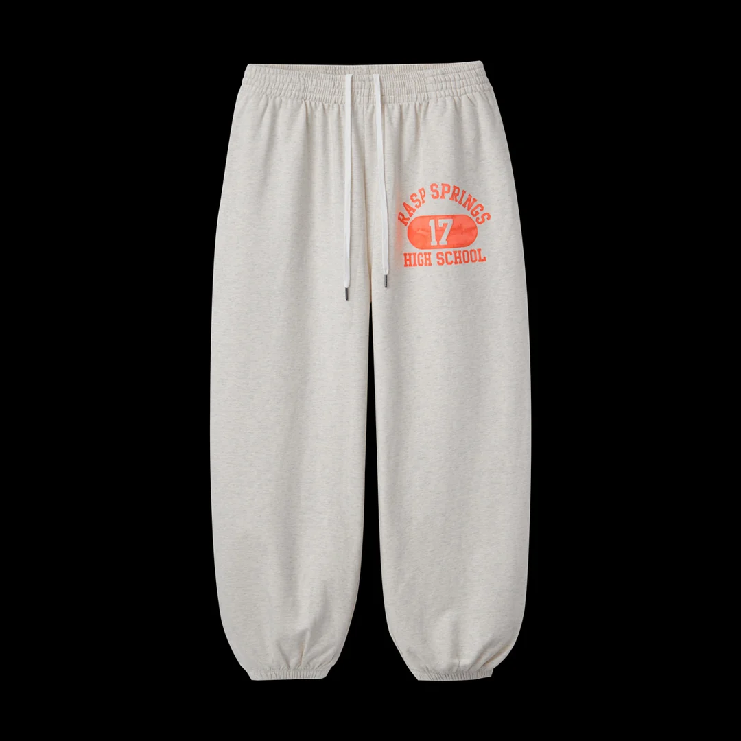 GV Gallery Spring Sweatpants front in heather oatmeal with orange Rasp Springs 17 High School graphic