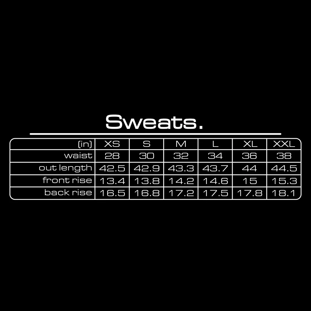 GV Gallery Spring Sweatpants size chart in inches for waist, out length, front rise and back rise