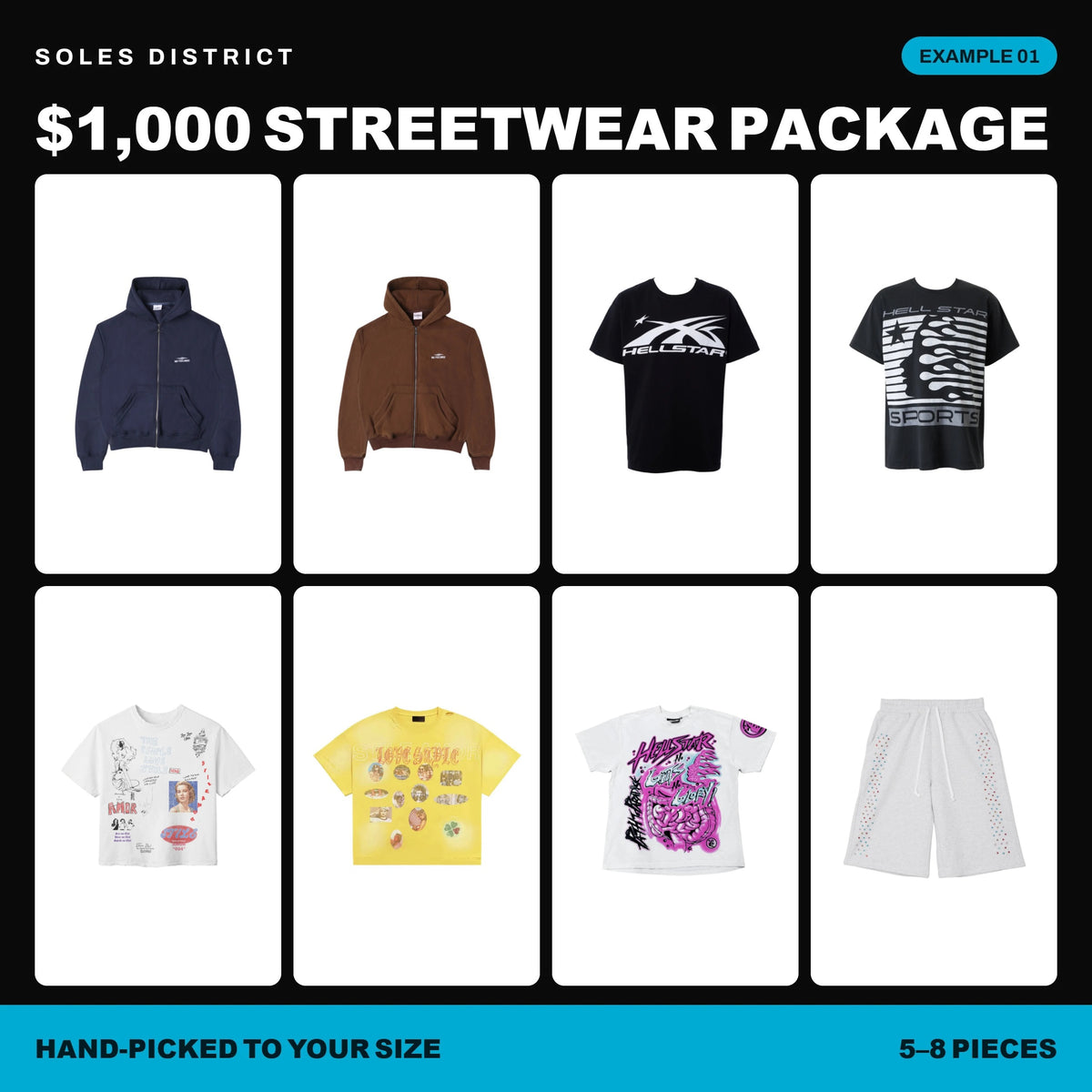 $1,000 Streetwear Package example 01, eight pieces from Hellstar, No Feelings, Stile De Amor and AZVA: hoodies, tees and shorts