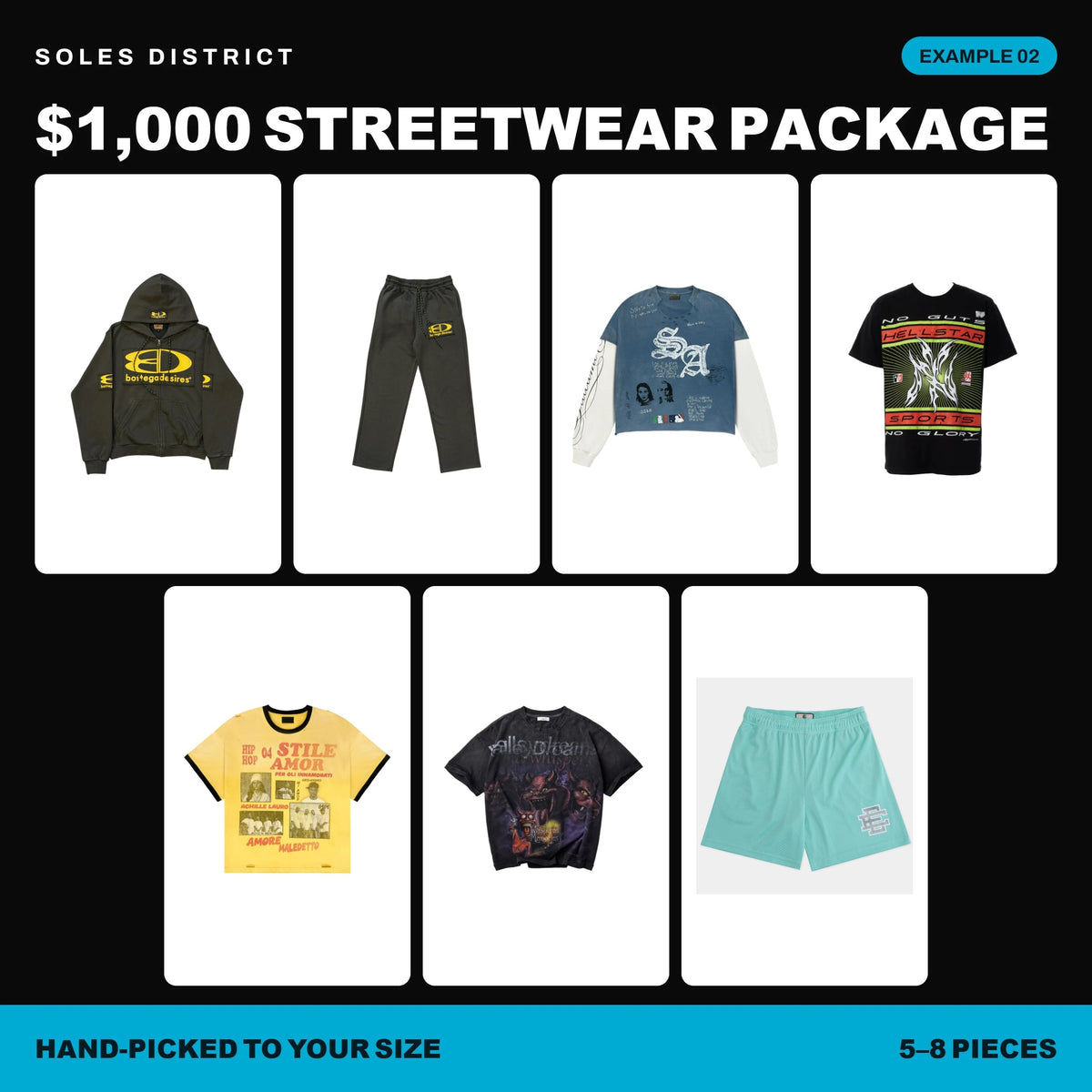$1,000 Streetwear Package example 02, seven pieces from Bottega Desires, Stile De Amor, Hellstar, Vale and Eric Emanuel: hoodies, long sleeves, tees, pants and shorts