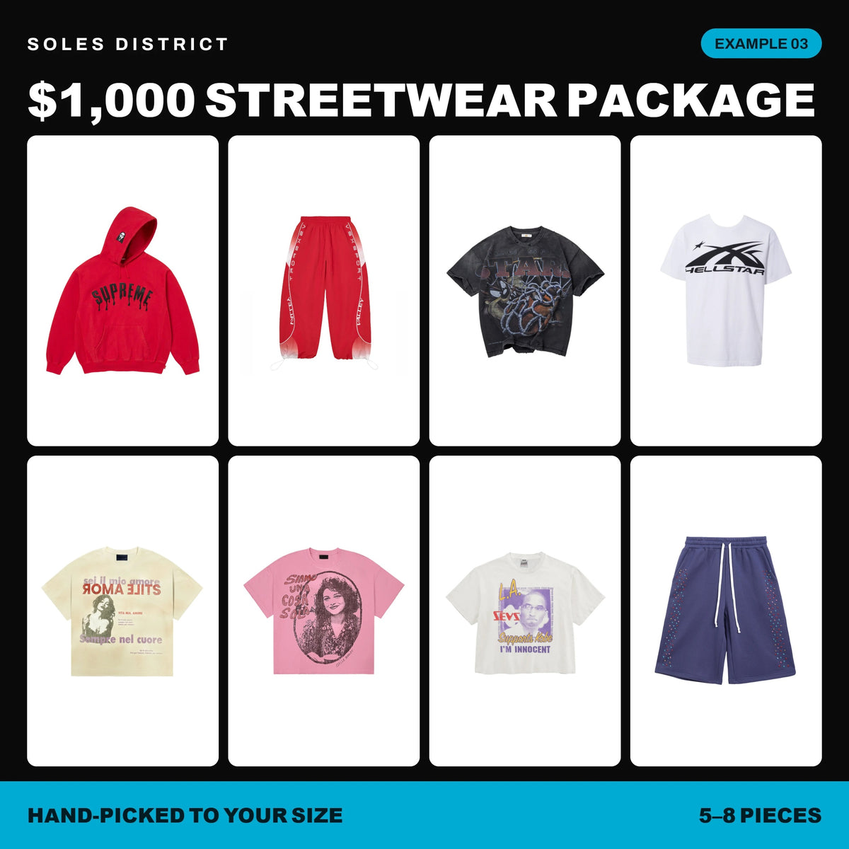 $1,000 Streetwear Package example 03, eight pieces from Vale, Stile De Amor, Supreme, Hellstar, Sevens Club and more: hoodies, tees, pants and shorts