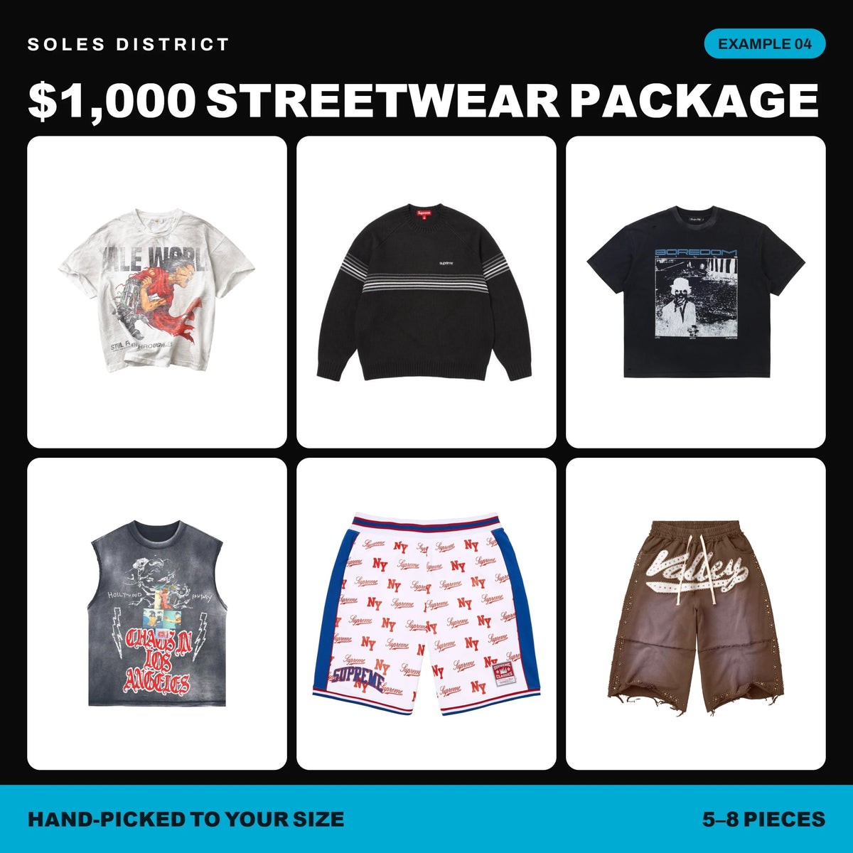 $1,000 Streetwear Package example 04, six pieces from Vale, Supreme, Boredom Kills and Amis et Fleurs: crewnecks, tees and shorts