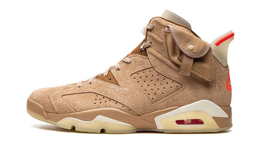 Jordan 6 Travis Scott British Khaki, khaki suede high-top facing right with red lace-lock accents and cream midsole