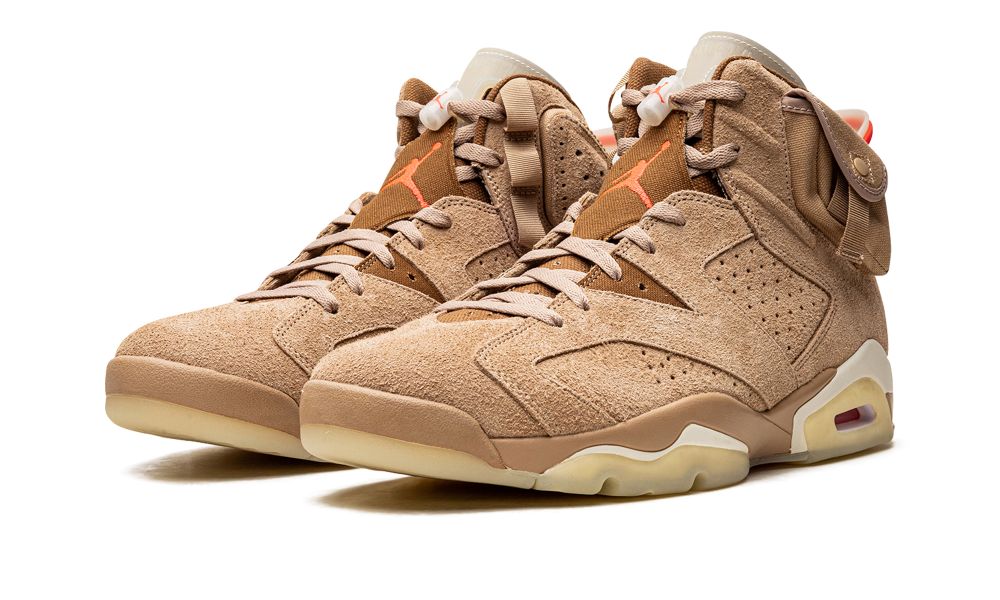Jordan 6 Travis Scott British Khaki, angled front view of the khaki suede pair with perforated toes and cream midsoles