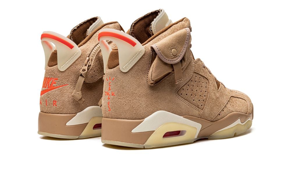 Jordan 6 Travis Scott British Khaki, rear view of the khaki pair with reversed red Nike swooshes on the heels