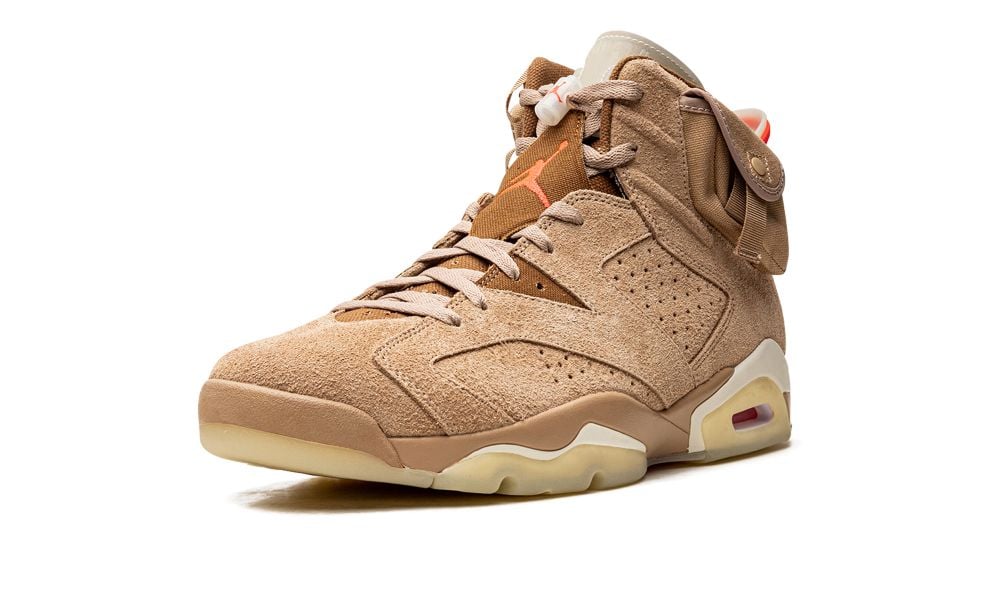 Jordan 6 Travis Scott British Khaki, khaki suede high-top facing left with side flap pocket and cream midsole