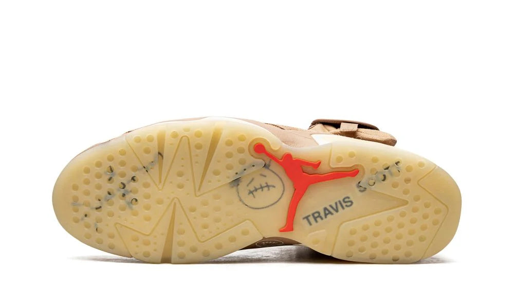 Jordan 6 Travis Scott British Khaki, outsole view of the translucent gum sole with a red Jumpman and Travis Scott text