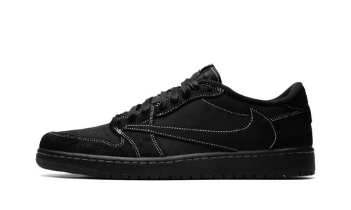 Travis Scott Jordan 1 Low OG Phantom, side view of the all-black low-top, tonal reversed swoosh, contrast stitching, black midsole