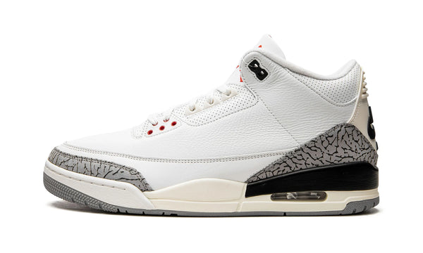 Jordan 3 White Cement Reimagined, side view of a white leather sneaker with grey cement print, black heel air unit and cream midsole
